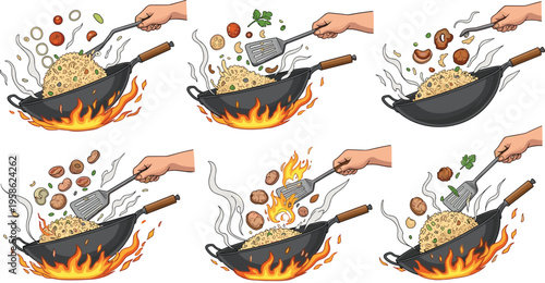 Fried Rice Cooking Process Set with Wok, Ingredients, Stir Fry Steps, and Flame Cooking Food Vector Illustration Collection