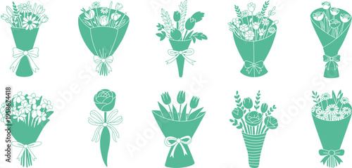 Floral bouquet collection vector illustration, decorative flower arrangements with ribbon bows, elegant botanical silhouettes for wedding and greeting card design