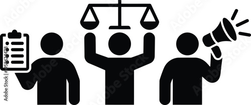 Three symbolic figures depicting justice, advocacy, and a comprehensive list of action items