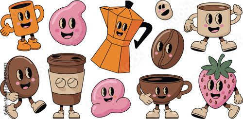 Vector Doodle Hand Drawn Illustrations, specialty coffee shop and bakery mascots icons logo badge elements sketch style food drink branding graphics vintage outline design