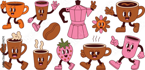 Vector Doodle Hand Drawn Illustrations, specialty coffee shop and bakery mascots icons logo badge elements sketch style food drink branding graphics vintage outline design