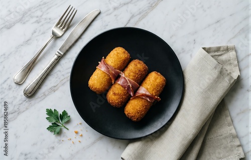 Black plate with Croquetas de Jamon, three golden-brown crispy fried ham bechamel croquettes, garnished with parsley, silver cutlery, neat linen napkin. Concept of culinary artistry.