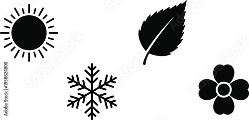 Seasonal icons featuring sun leaf snowflake and flower