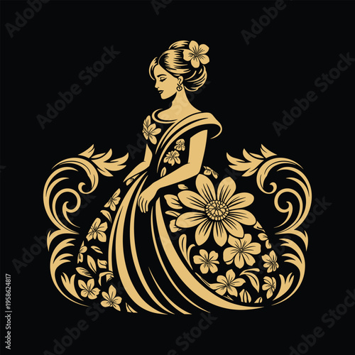 Woman in ornate dress with flowers