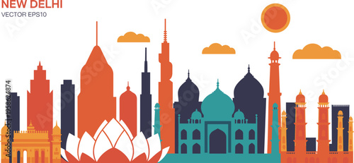 New Delhi city skyline vector illustration, India landmark monuments silhouette with Lotus Temple and Qutub Minar, colorful urban travel poster design