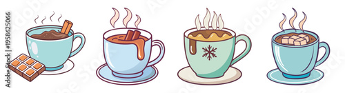 set of four steaming hot coffee cups with cookies flat design vector illustration