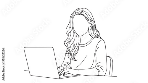 A simple black and white line drawing of a woman sitting at a desk and working on her laptop computer
