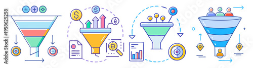 marketing sales funnel stages with business icons flat design vector illustration