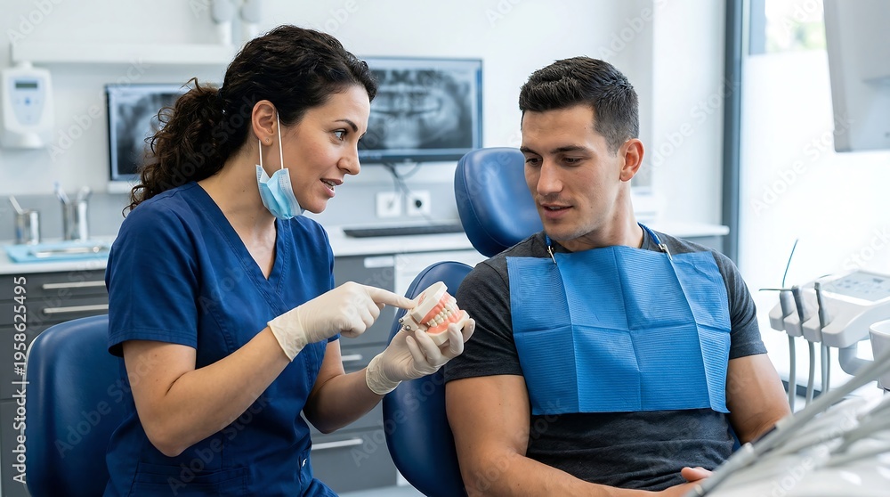 Obraz premium A dentist interacts with a patient. The photo is suitable for scenes related to dentistry.