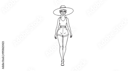 A minimalist black and white line art drawing of a woman wearing a wide brimmed summer sun hat