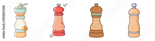 set of four colorful pepper grinders in flat design vector illustration