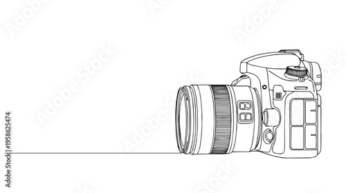 A minimalist single line drawing of a digital dslr camera isolated on a clean white background