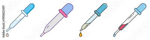 set of laboratory pipettes with colorful liquid drops flat design vector illustration