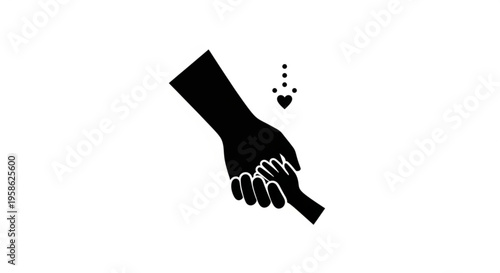 A minimalist vector graphic of two hands holding with a heart above them