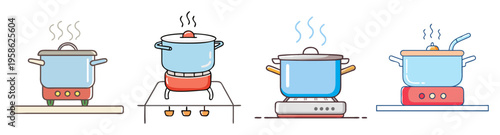 cooking process stages flat design vector illustration with steam and heat icons