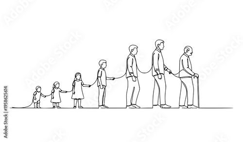 Continuous one line drawing human life cycle growth stages vector illustration