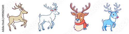 set of four stylized reindeer heads in flat design vector illustration