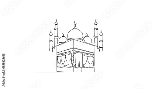 Minimal Kaaba with mosque domes continuous line art vector illustration