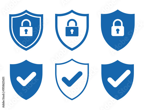 Modern Blue Shield Icons with Locks and Checkmarks, Data Protection and Cybersecurity Symbols for Digital Privacy, Secure Verification, and Network Safety, Clean Vector Illustration
