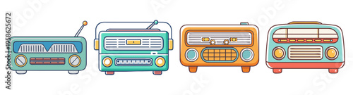 vintage car radio icons set with music player and cassette flat design vector illustration