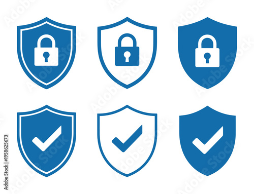 Modern Blue Shield Icons with Locks and Checkmarks, Data Protection and Cybersecurity Symbols for Digital Privacy, Secure Verification, and Network Safety, Clean Vector Illustration