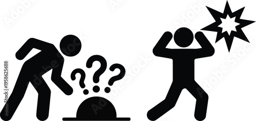 Two black stick figures showing investigation of a problem and a sudden shocking event