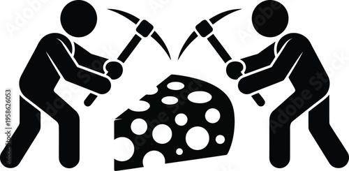 Two black stick figures use pickaxes to dig into a large wedge of holey Swiss cheese