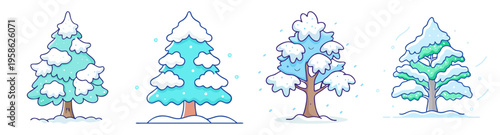 set of four winter trees with snow vector illustration flat design icon pack