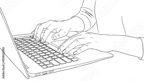 A simple line drawing showing a person typing on a laptop computer keyboard in a minimalist style