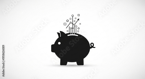 A minimalist vector graphic of a piggy bank with growing graph icons emerging from the top, symbolizing financial growth and investment.