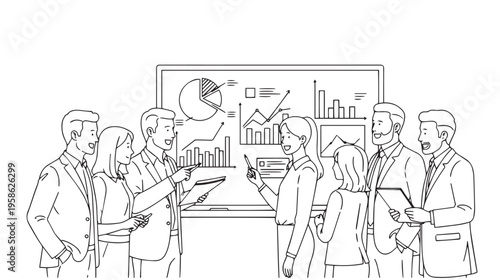 A group of professionals gathered around a whiteboard discussing various business data and charts
