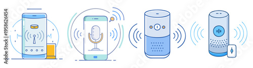 smart home voice assistant devices and wireless connectivity flat design vector illustration