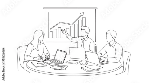 Professional business team members collaborating on a project with a trending growth chart background