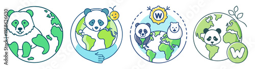 cute panda and wildlife globe icons flat design vector illustration