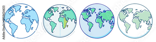 four globe icons with continents flat design vector illustration