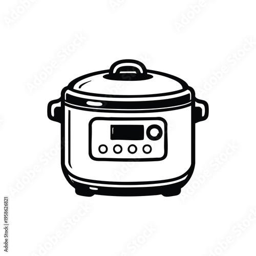 Black and white vector illustration of electric multicooker engineering appliance with digital control panel