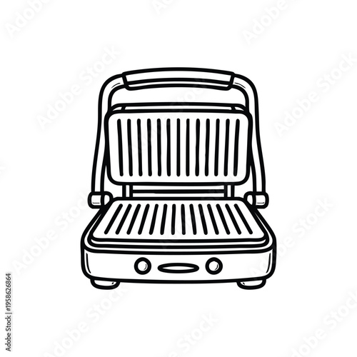 Black and white vector illustration of electric panini press grill engineering line art