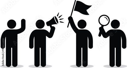 Visual representation of four black silhouette figures engaged in communication, advocacy, and careful observation