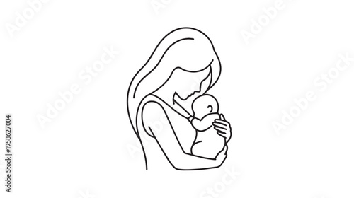 A minimalist black and white line art illustration of a loving mother cradling her small infant