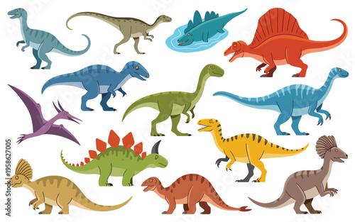 Cartoon Jurassic dinosaurs vector set featuring raptors, predators and herbivores, including tyrannosaurus, stegosaurus and pterodactyl, prehistoric reptile illustration collection for kids