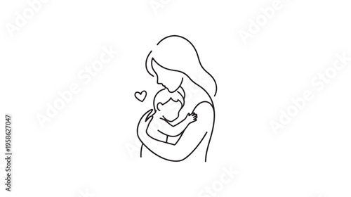 A minimalist black and white line drawing of a mother gently cradling and breastfeeding her baby