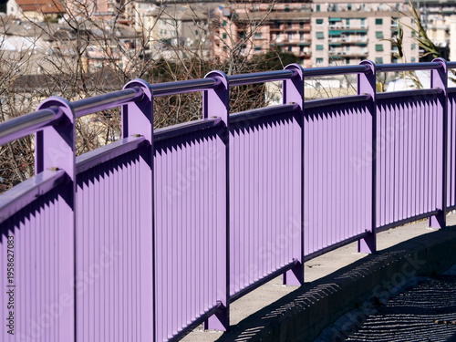 Purple handrail and pedestrian parapet