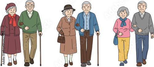 Elderly Couples Walking with Canes Set Senior People Characters Illustration for Retirement Lifestyle Healthcare Support and Aging Concept Design
