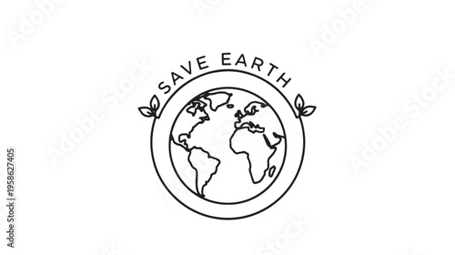 A simple black and white line art illustration of the planet earth with the text earth day above