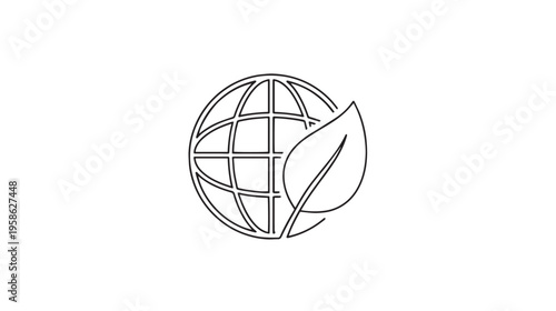 Minimalist line art illustration of a globe with a single leaf attached to represent ecology