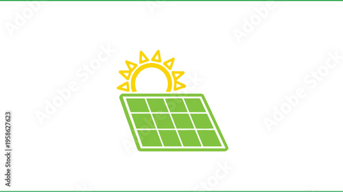 A simple icon graphic depicting a green solar panel sitting beneath a bright yellow shining sun