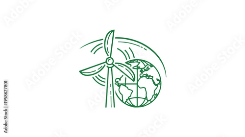 Green line art drawing of a wind turbine standing next to a globe representing renewable energy