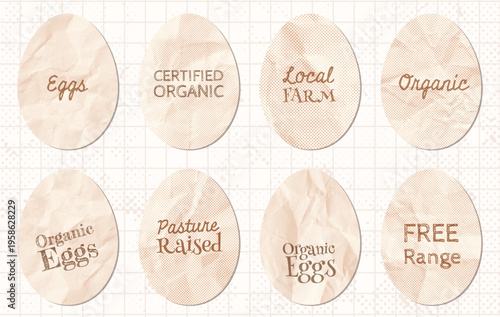 Vector halftone paper eggs, egg shaped graphic design elements for packaging and labels for organic farm and free range eggs and baking backgrounds