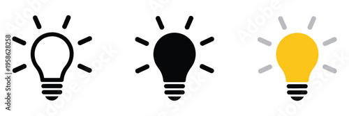 Light bulb icon, idea symbol, electric lamp vector illustration, electric power sign, shining light bulb pictogram, minimal line art