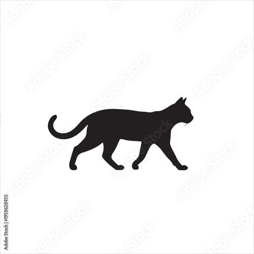 Simple black silhouette icon depicting a sleek domestic feline walking gracefully in profile against a white background.